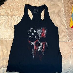 Grunt Style Black Women's Tank with Distressed Red & White Flag Graphic